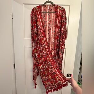 Red Floral Kimono with Tassels